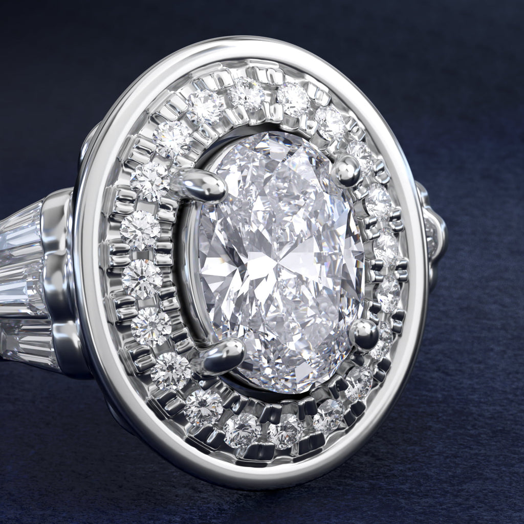 Sterling Silver Oval Cut Moissanite Engagement Ring Square Halo (2.0 ct., 9/20 ct. tw.)