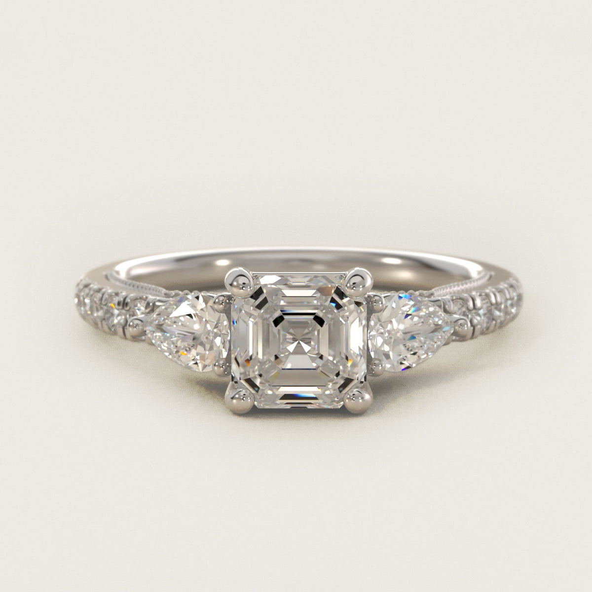 Sterling Silver Asscher Cut Moissanite Engagement Ring Lace Bridge Three-Stone and Pavé (2.0 ct., 1/2 ct. tw.) Main image