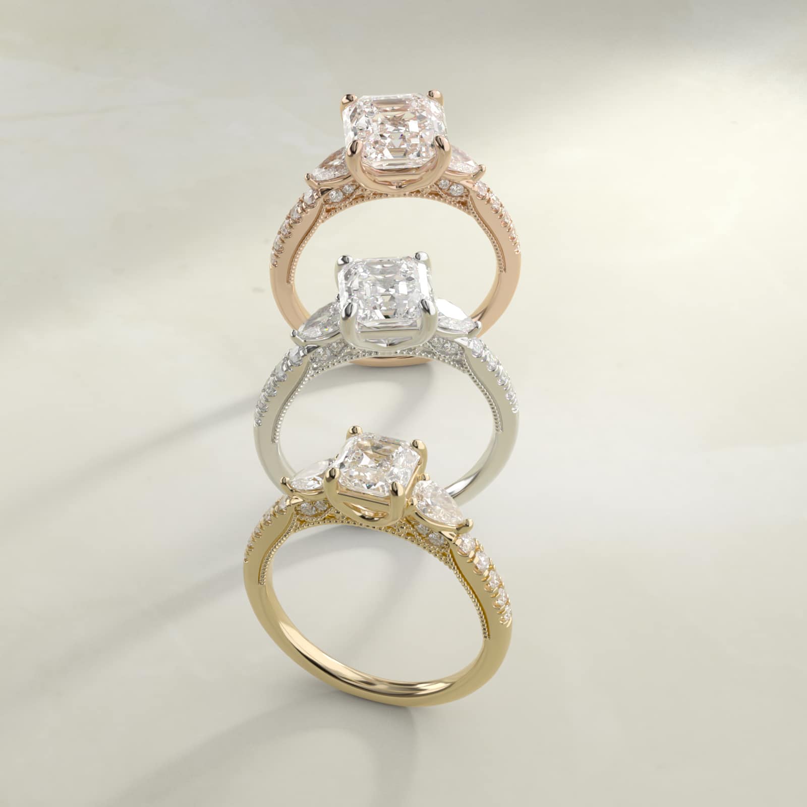 Sterling Silver Asscher Cut Moissanite Engagement Ring Lace Bridge Three-Stone and Pavé (2.0 ct., 1/2 ct. tw.) Secondary image