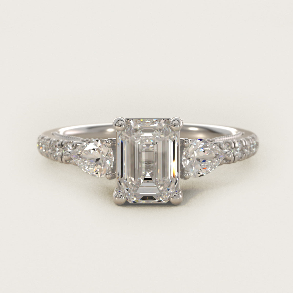 Sterling Silver Emerald Cut Moissanite Engagement Ring Lace Bridge Three-Stone and Pavé (2.0 ct., 1/2 ct. tw.) Main image
