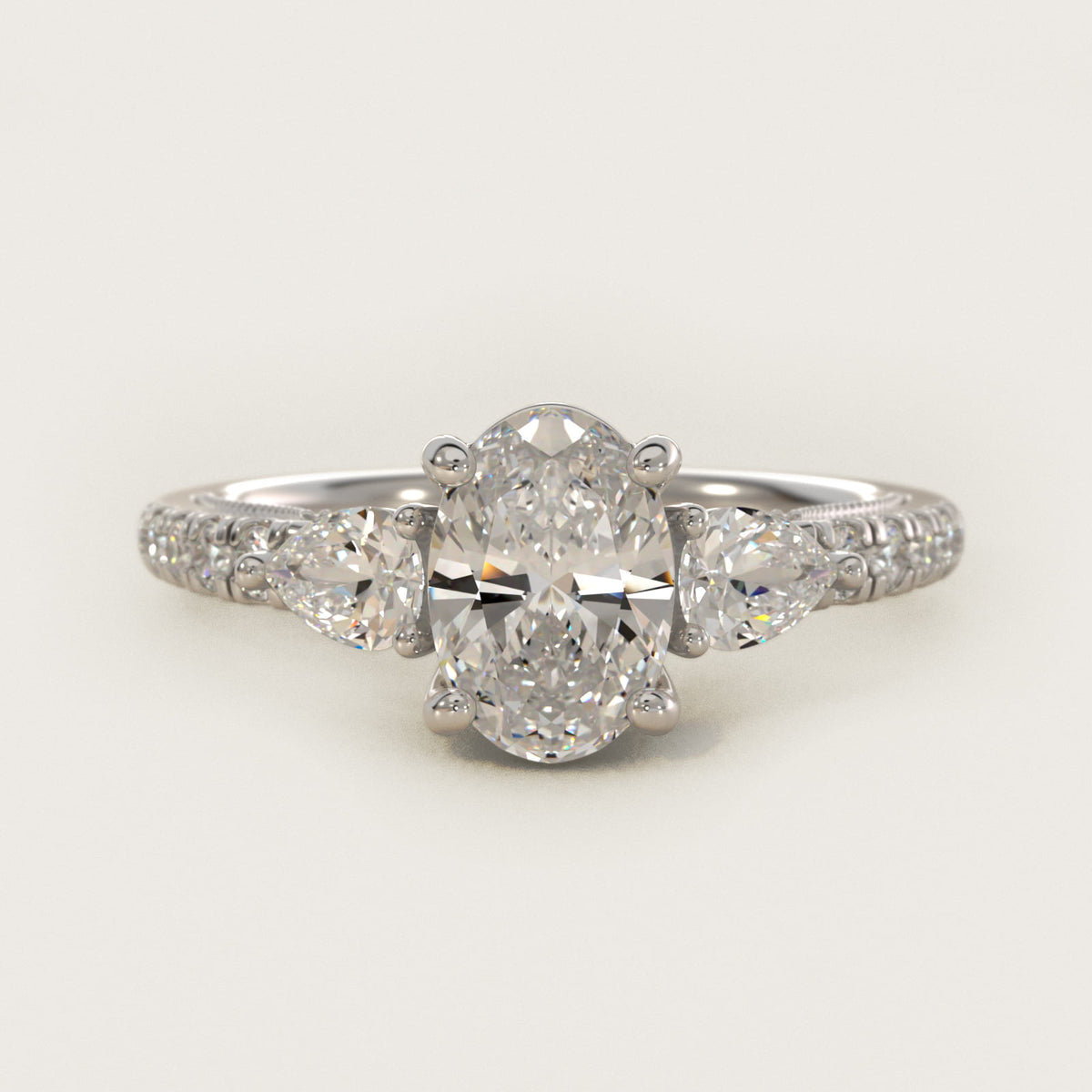 Sterling Silver Oval Cut Moissanite Engagement Ring Lace Bridge Three-Stone and Pavé (2.0 ct., 1/2 ct. tw.) Main image