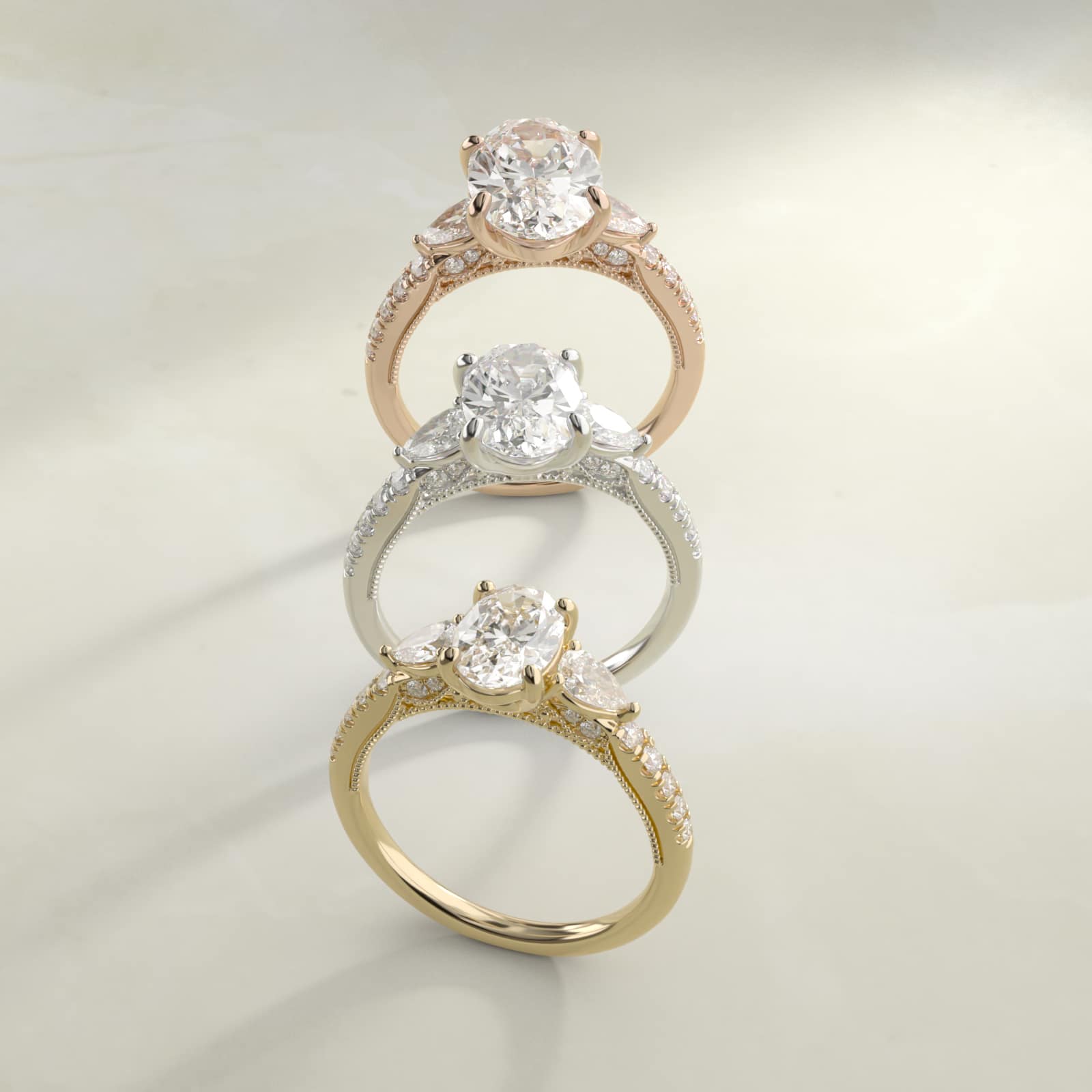 Sterling Silver Oval Cut Moissanite Engagement Ring Lace Bridge Three-Stone and Pavé (2.0 ct., 1/2 ct. tw.) Secondary image