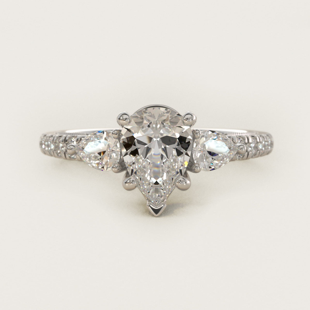 Sterling Silver Pear Cut Moissanite Engagement Ring Lace Bridge Three-Stone and Pavé (2.0 ct., 1/2 ct. tw.) Main image