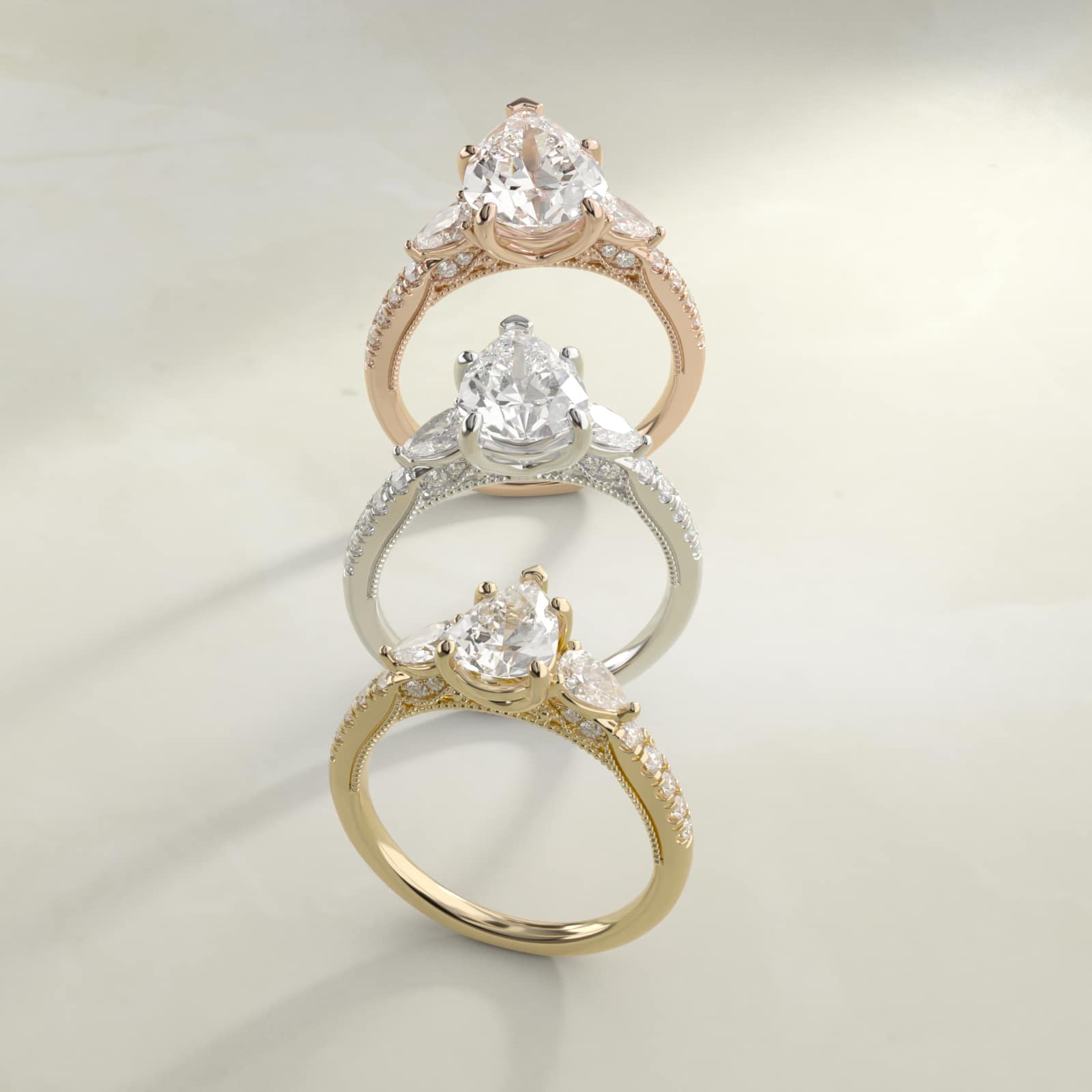 Sterling Silver Pear Cut Moissanite Engagement Ring Lace Bridge Three-Stone and Pavé (2.0 ct., 1/2 ct. tw.) Secondary image