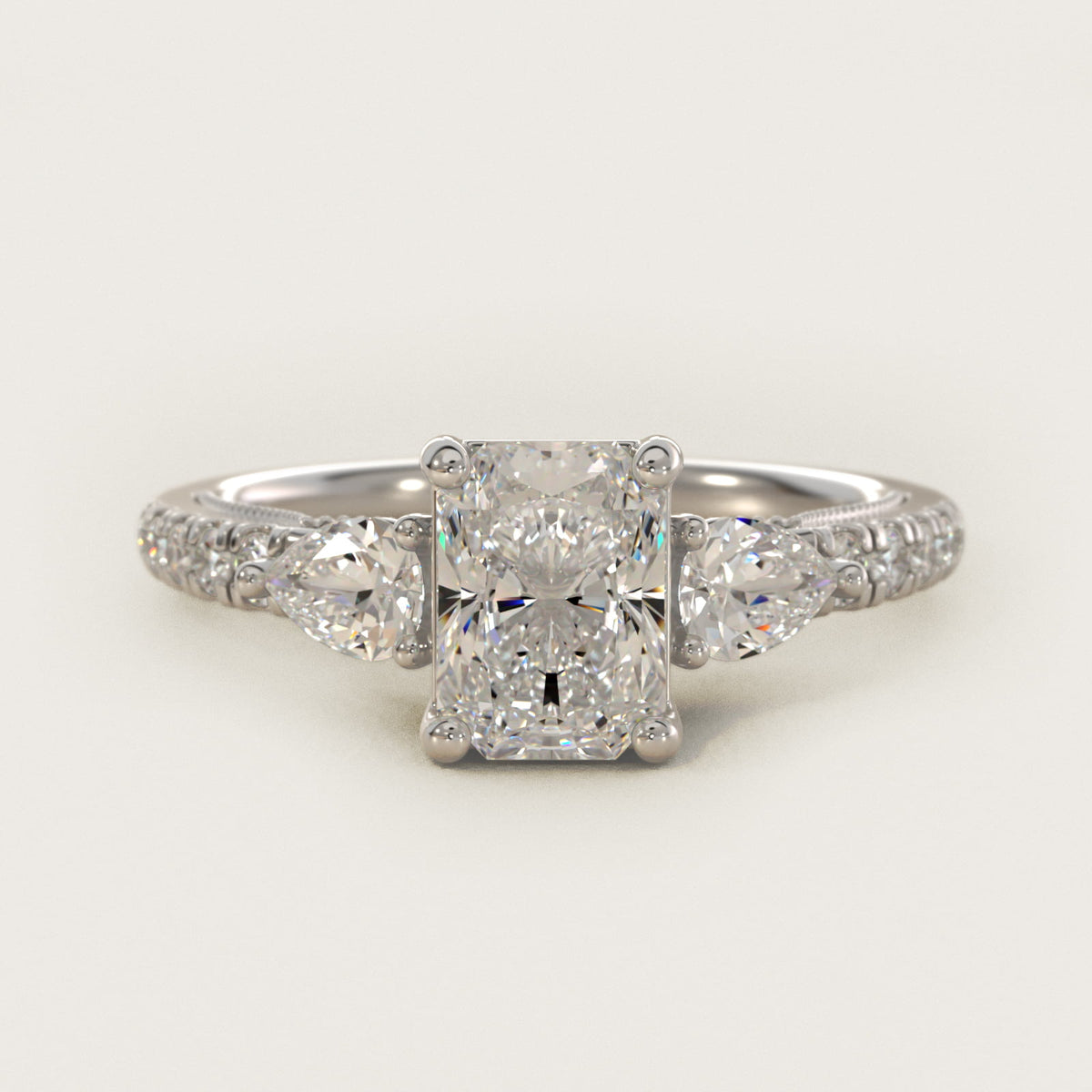 Sterling Silver Radiant Cut Moissanite Engagement Ring Lace Bridge Three-Stone and Pavé (2.0 ct., 1/2 ct. tw.) Main image