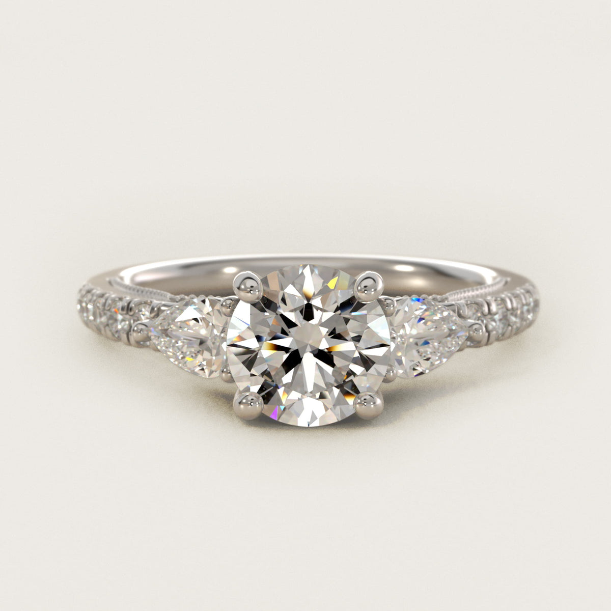 Sterling Silver Round Cut Moissanite Engagement Ring Lace Bridge Three-Stone and Pavé (2.0 ct., 1/2 ct. tw.) Main image