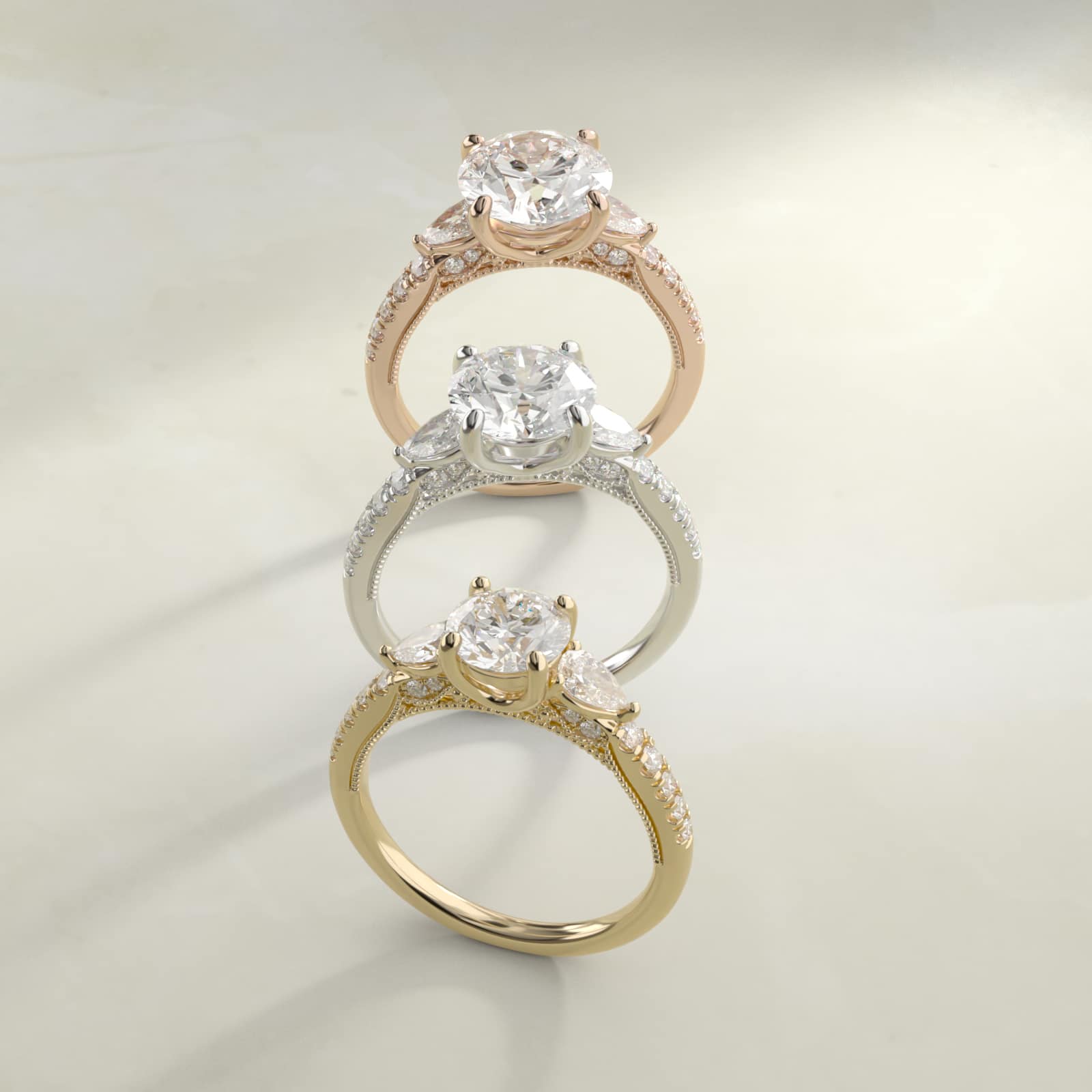 Sterling Silver Round Cut Moissanite Engagement Ring Lace Bridge Three-Stone and Pavé (2.0 ct., 1/2 ct. tw.) Secondary image