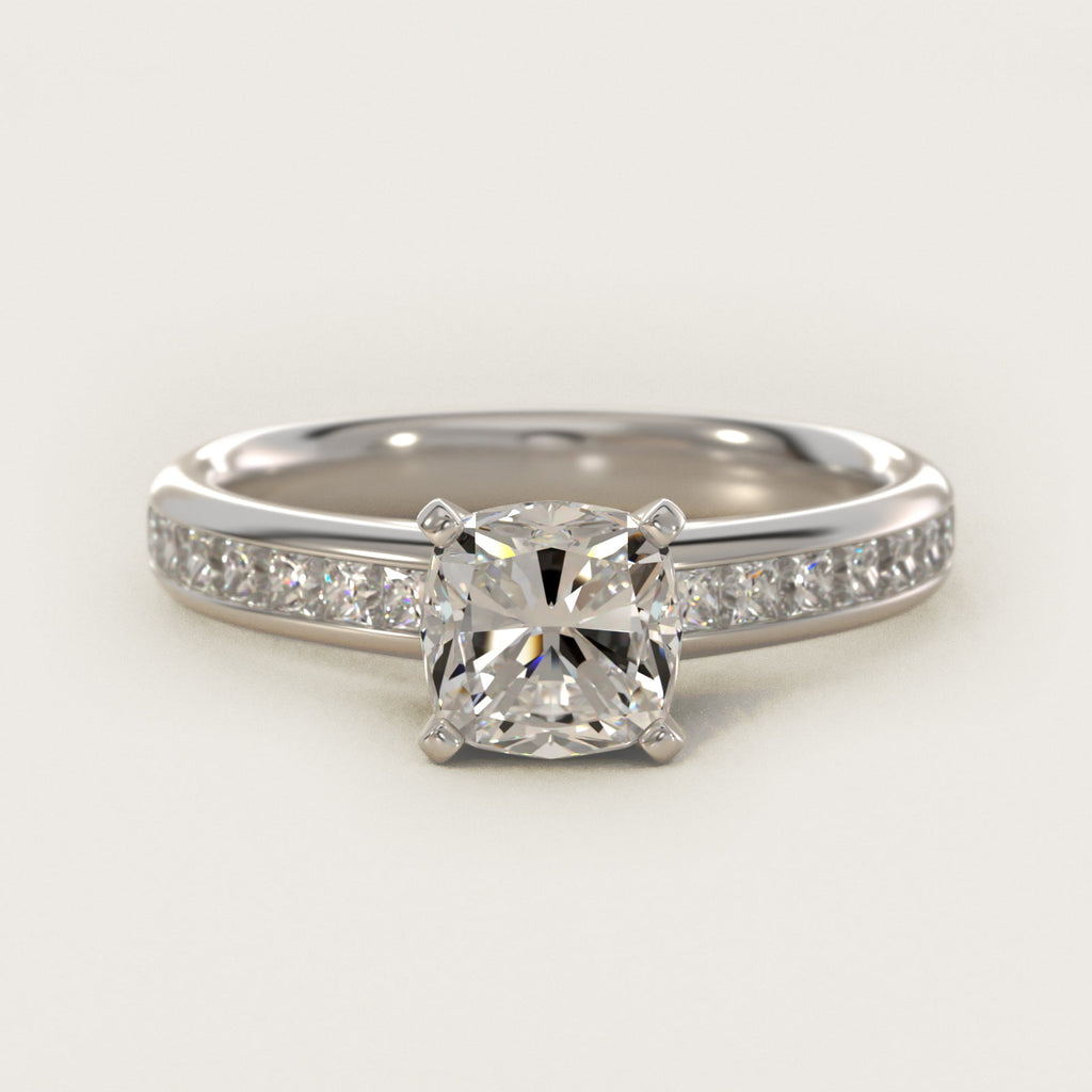 Sterling Silver Cushion Cut Moissanite Engagement Ring Channel Set Princess Side Stone (2.0 ct., 1/2 ct. tw.)