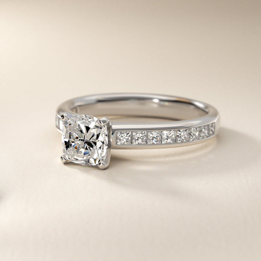 Sterling Silver Cushion Cut Moissanite Engagement Ring Channel Set Princess Side Stone (2.0 ct., 1/2 ct. tw.)