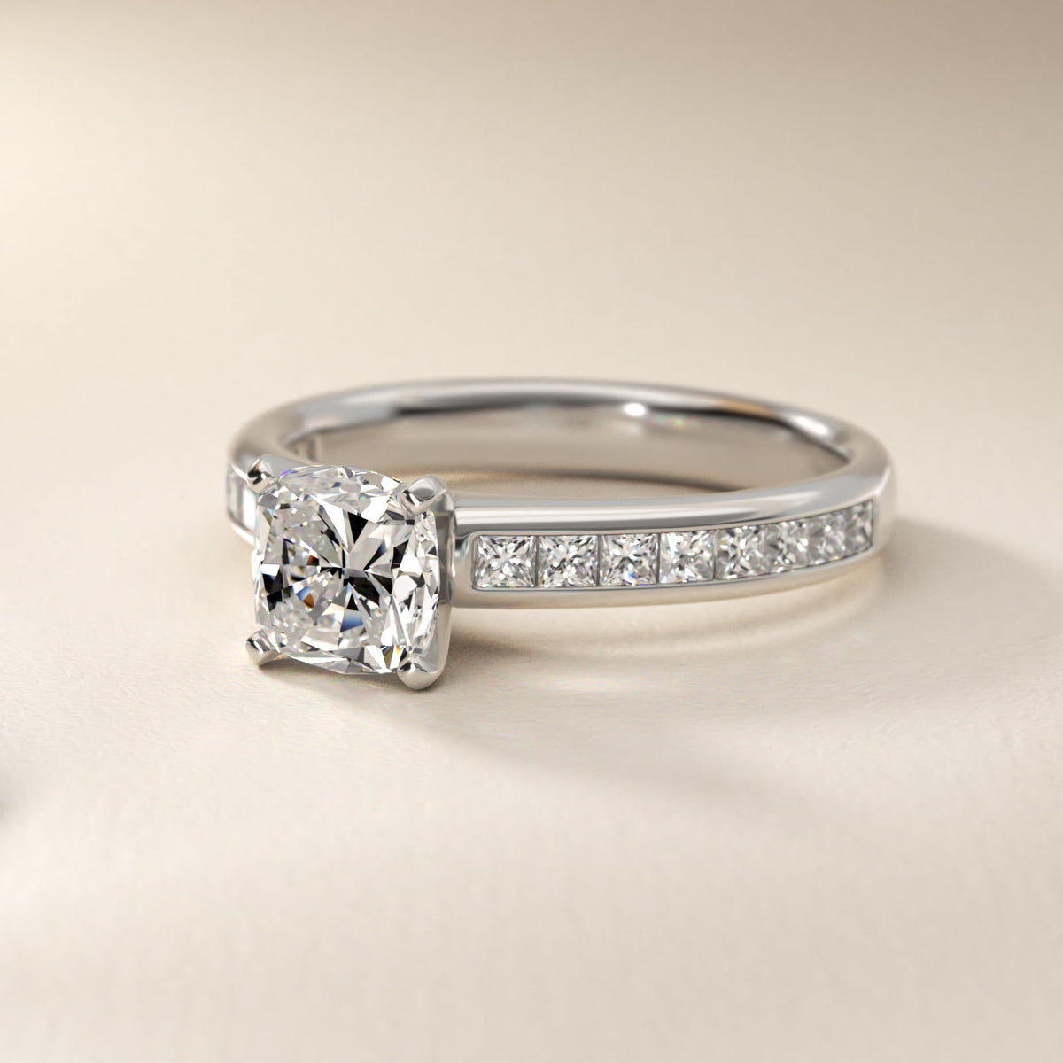 Sterling Silver Cushion Cut Moissanite Engagement Ring Channel Set Princess Side Stone (2.0 ct., 1/2 ct. tw.)