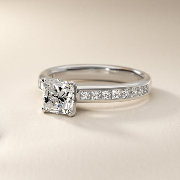 Sterling Silver Cushion Cut Moissanite Engagement Ring Channel Set Princess Side Stone (2.0 ct., 1/2 ct. tw.)
