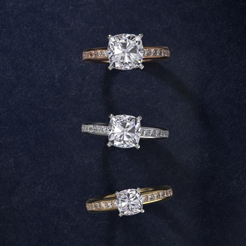 Sterling Silver Cushion Cut Moissanite Engagement Ring Channel Set Princess Side Stone (2.0 ct., 1/2 ct. tw.)