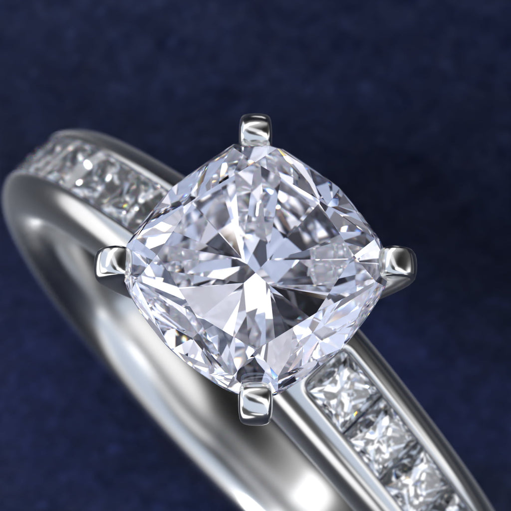 Sterling Silver Cushion Cut Moissanite Engagement Ring Channel Set Princess Side Stone (2.0 ct., 1/2 ct. tw.)