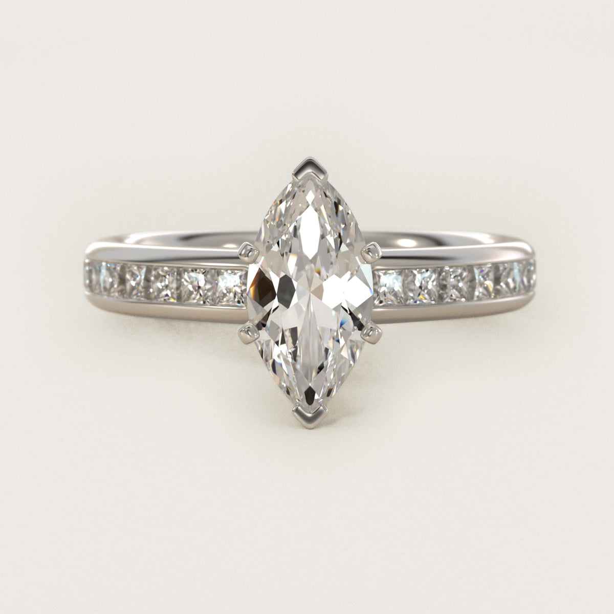 Sterling Silver Marquise Cut Moissanite Engagement Ring Channel Set Princess Side Stone (2.0 ct., 1/2 ct. tw.) Main image