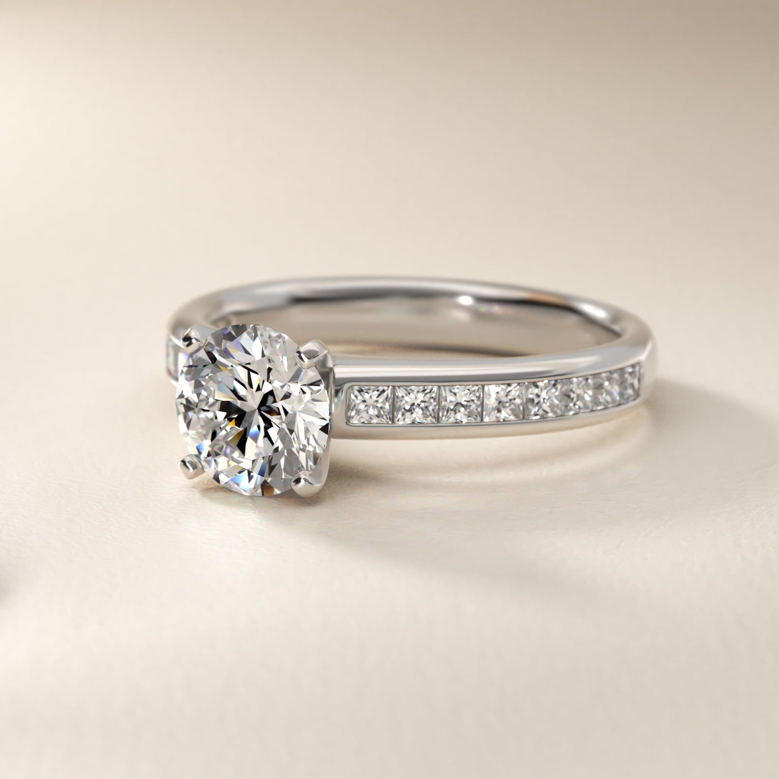 Sterling Silver Round Cut Moissanite Engagement Ring Channel Set Princess Side Stone (2.0 ct., 1/2 ct. tw.) Secondary image
