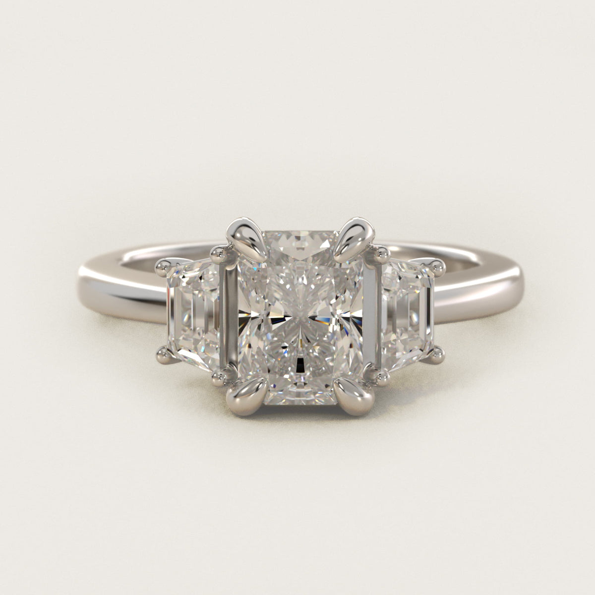 Sterling Silver Radiant Cut Moissanite Engagement Ring Trapezoid Three-Stone (2.0 ct., 1/50 ct. tw.) Main image