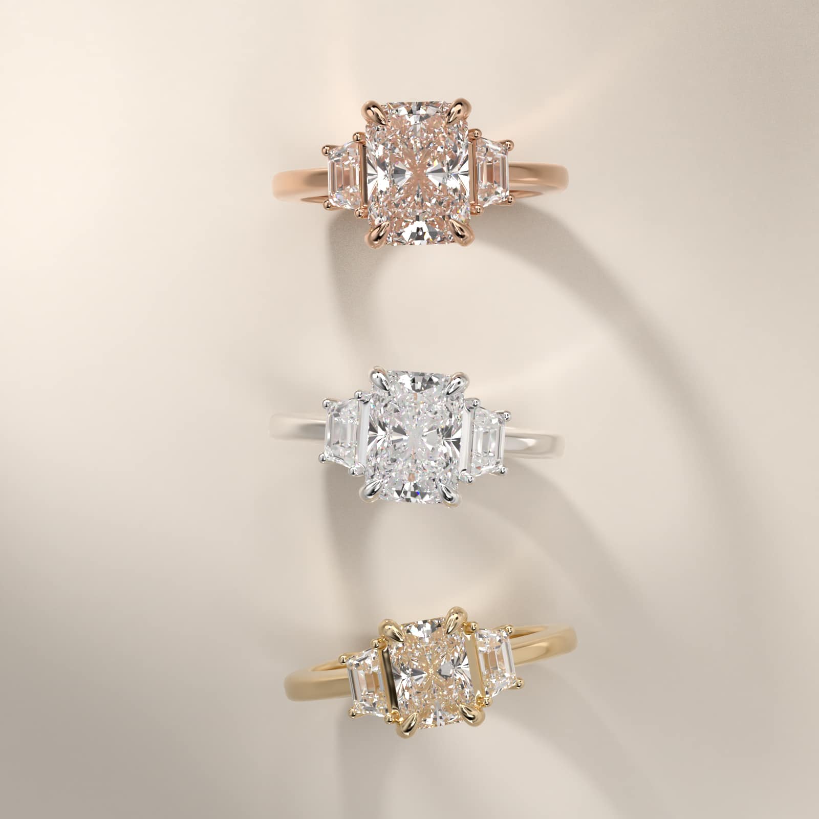 Sterling Silver Radiant Cut Moissanite Engagement Ring Trapezoid Three-Stone (2.0 ct., 1/50 ct. tw.) Secondary image