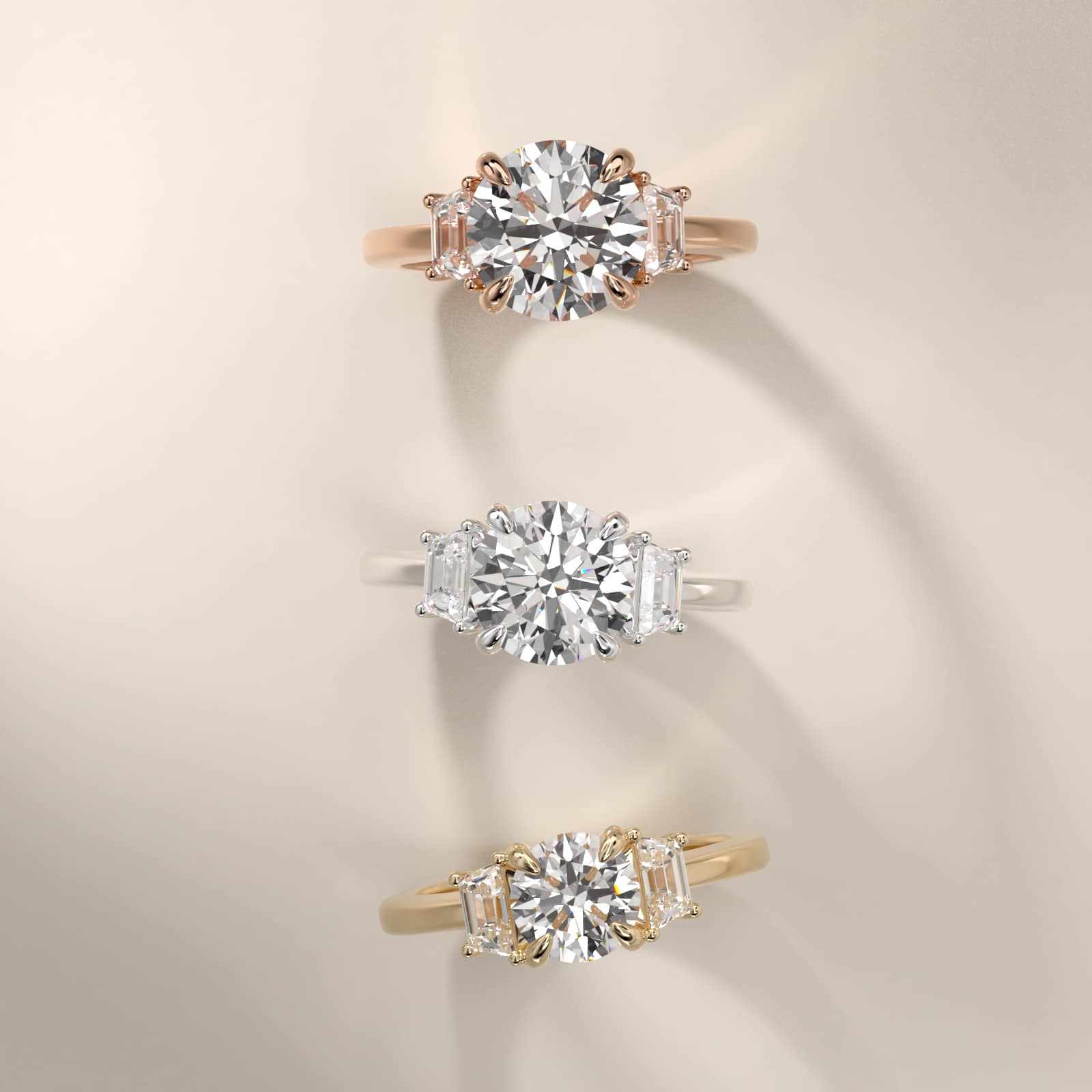 Sterling Silver Round Cut Moissanite Engagement Ring Trapezoid Three-Stone (2.0 ct., 1/50 ct. tw.) Secondary image