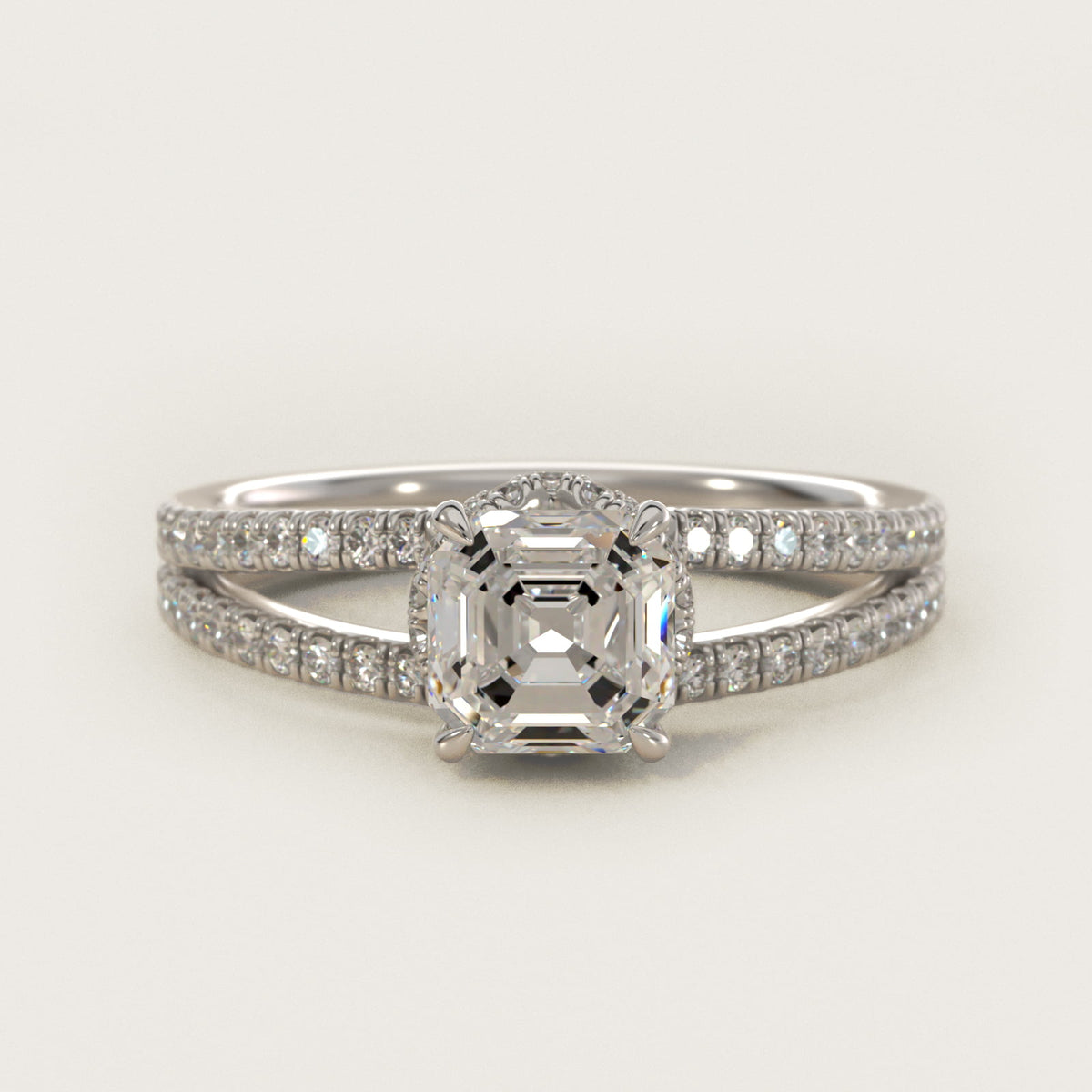 Sterling Silver Asscher Cut Moissanite Engagement Ring Split Shank Ribbon Pavé Solitaire (2.0 ct., 1/3 ct. tw.) Main image