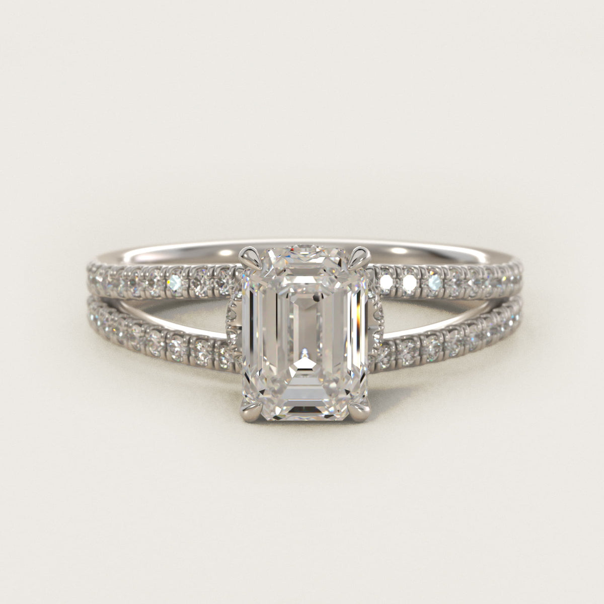 Sterling Silver Emerald Cut Moissanite Engagement Ring Split Shank Ribbon Pavé Solitaire (2.0 ct., 1/3 ct. tw.) Main image