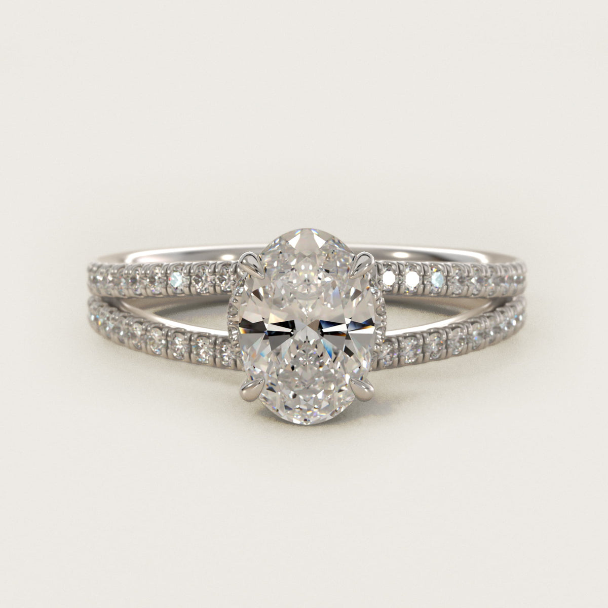 Sterling Silver Oval Cut Moissanite Engagement Ring Split Shank Ribbon Pavé Solitaire (2.0 ct., 1/3 ct. tw.) Main image