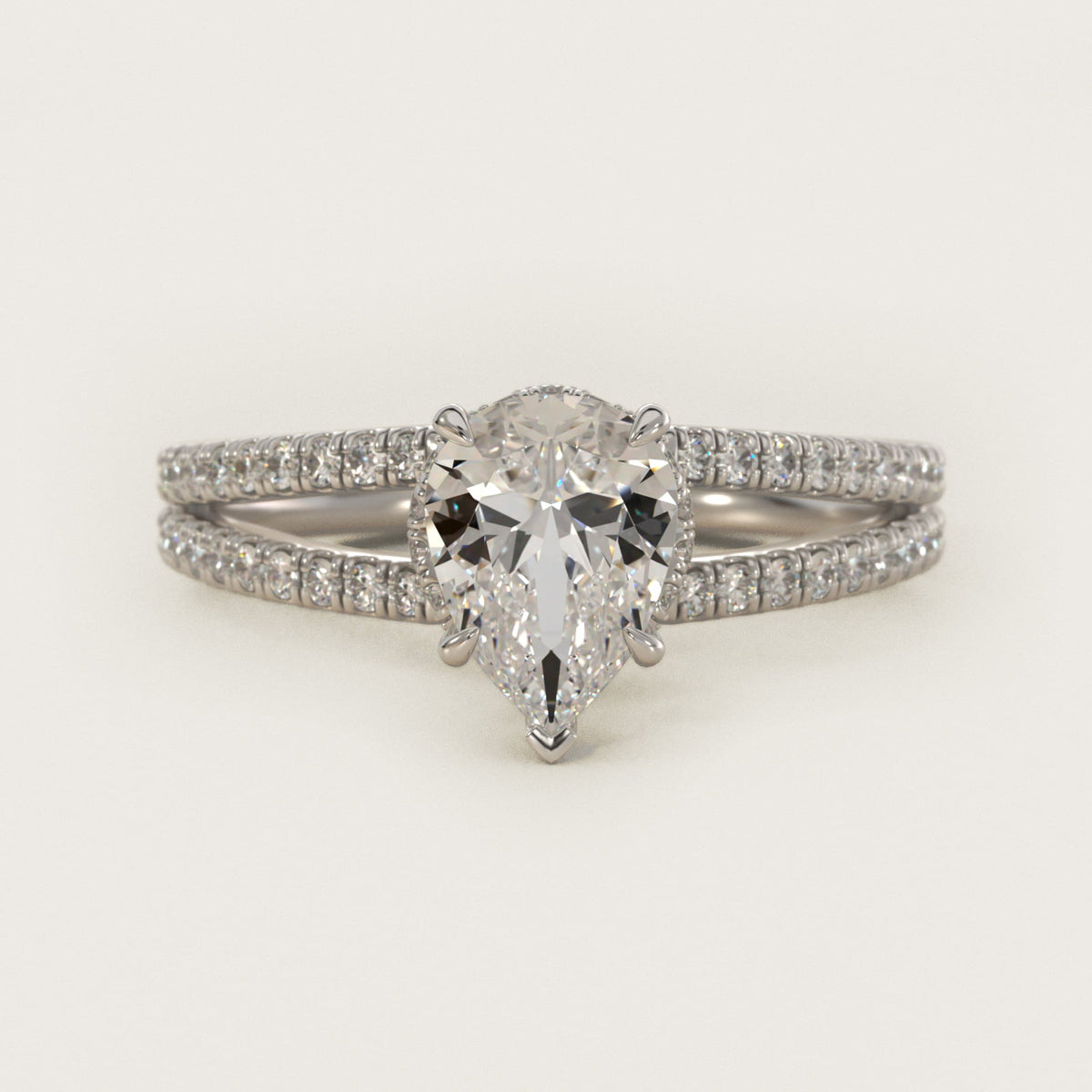 Sterling Silver Pear Cut Moissanite Engagement Ring Split Shank Ribbon Pavé Solitaire (2.0 ct., 1/3 ct. tw.) Main image