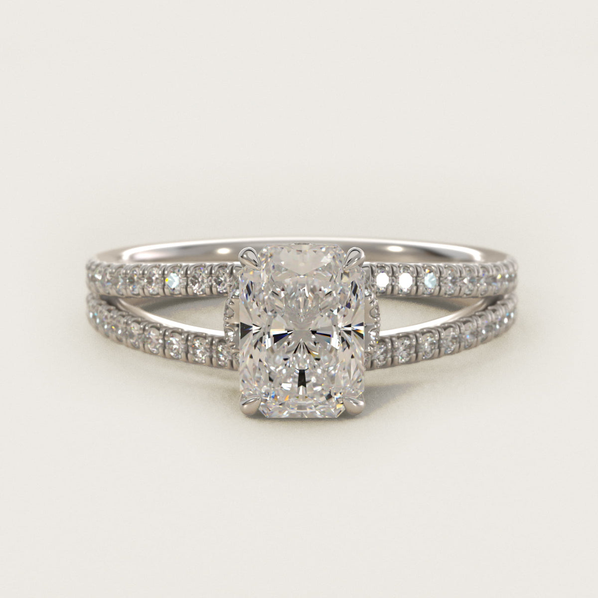 Sterling Silver Radiant Cut Moissanite Engagement Ring Split Shank Ribbon Pavé Solitaire (2.0 ct., 1/3 ct. tw.) Main image
