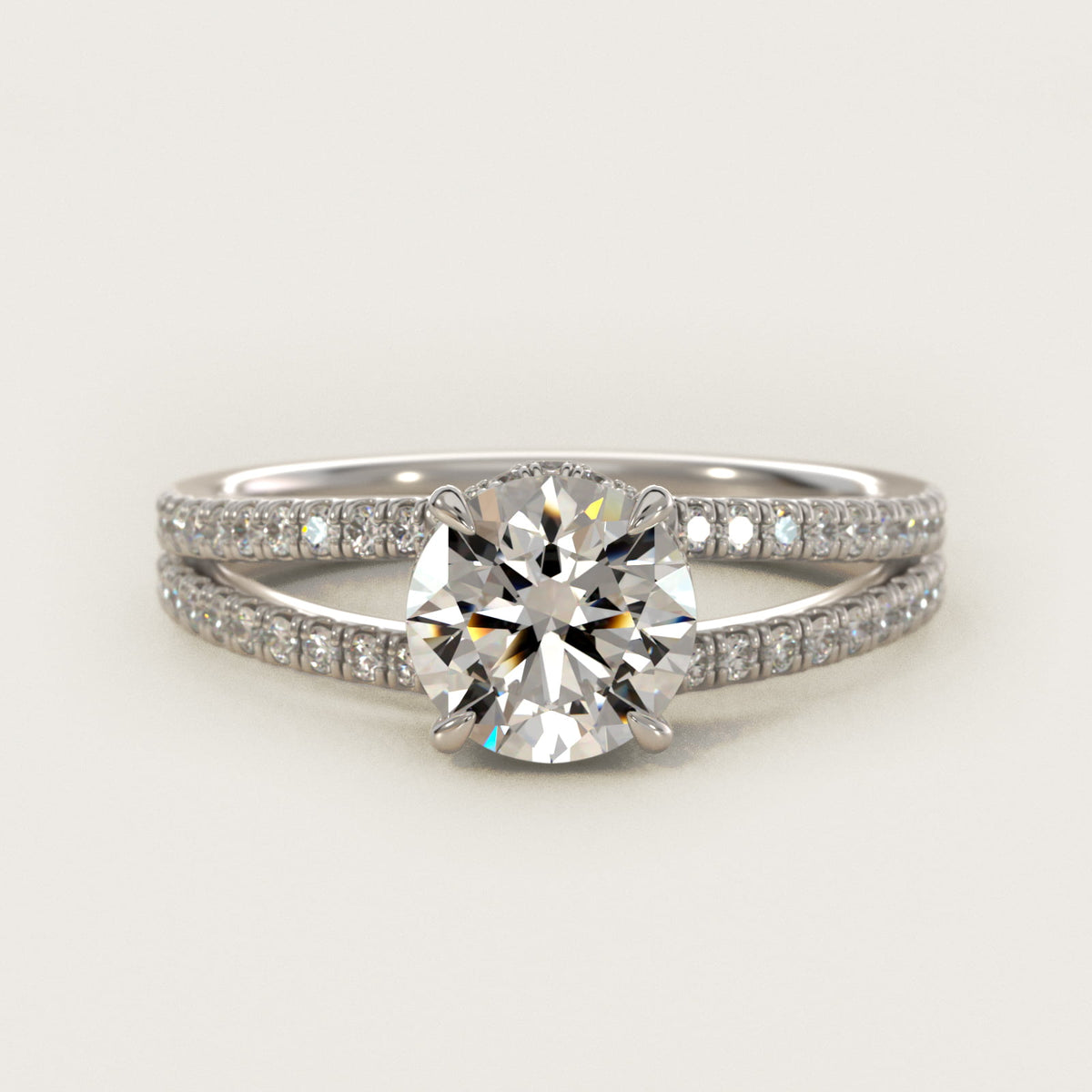 Sterling Silver Round Cut Moissanite Engagement Ring Split Shank Ribbon Pavé Solitaire (2.0 ct., 1/3 ct. tw.) Main image