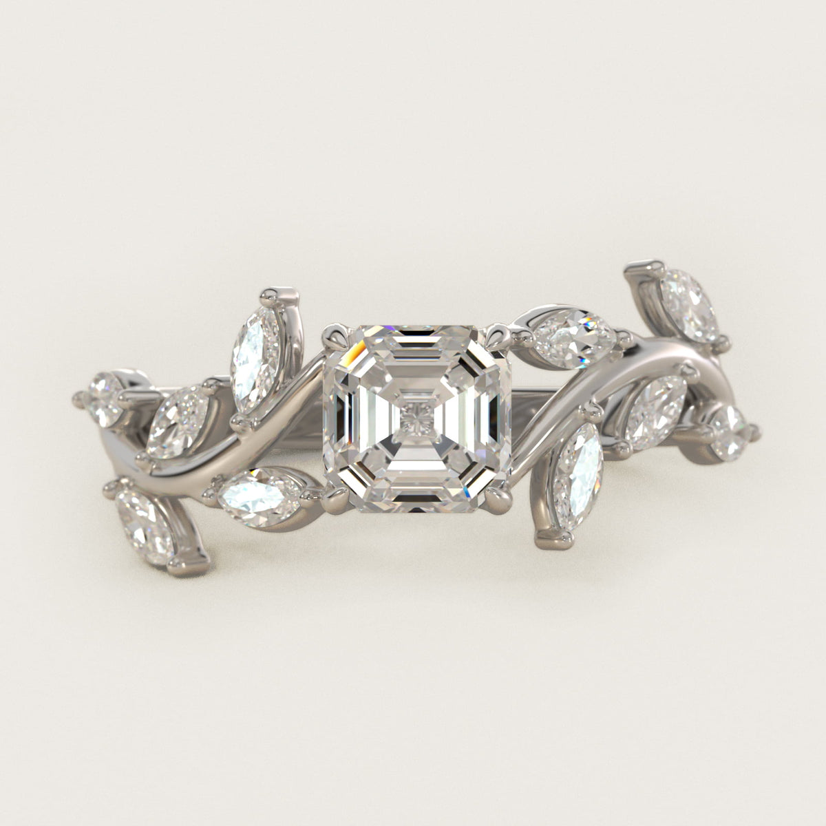 Sterling Silver Asscher Cut Moissanite Engagement Ring Floral Side Stone (2.0 ct., 3/8 ct. tw.) Main image