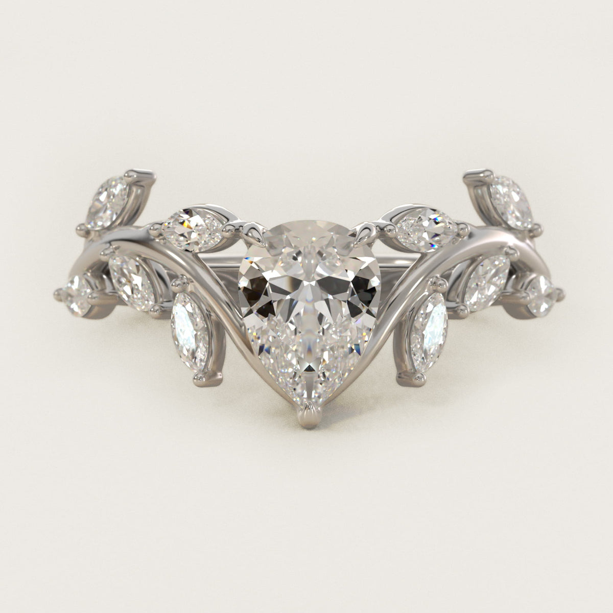 Sterling Silver Pear Cut Moissanite Engagement Ring Floral Side Stone (2.0 ct., 3/8 ct. tw.) Main image
