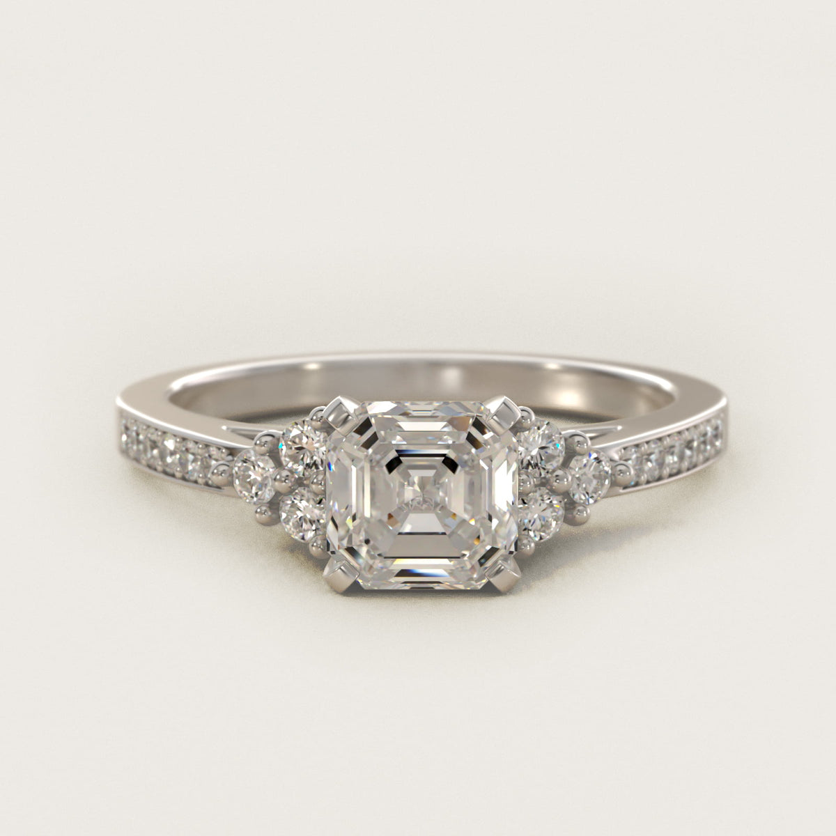 Sterling Silver Asscher Cut Moissanite Engagement Ring Pavé Trio Side Stone (2.0 ct., 1/4 ct. tw.) Main image