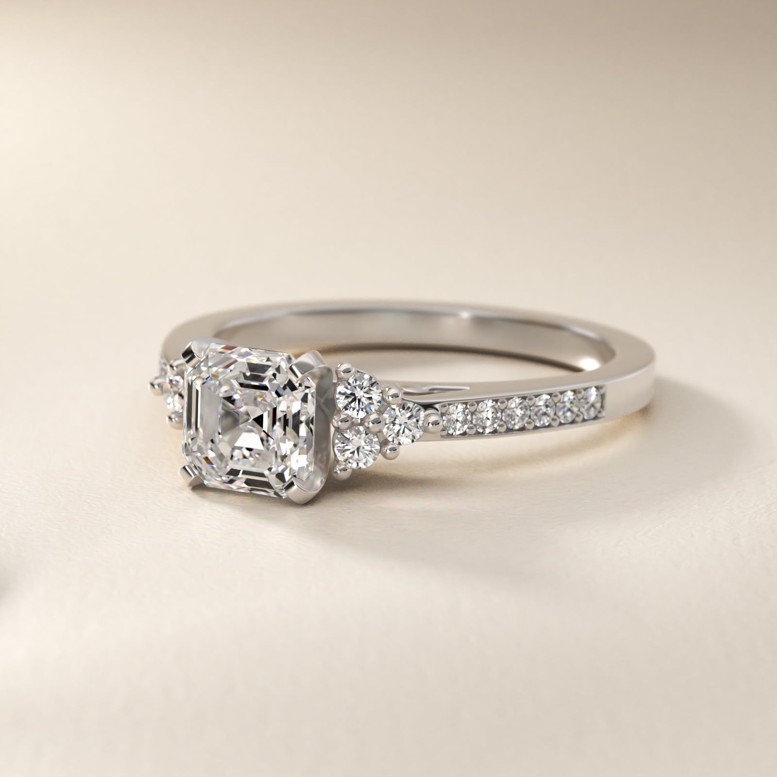 Sterling Silver Asscher Cut Moissanite Engagement Ring Pavé Trio Side Stone (2.0 ct., 1/4 ct. tw.) Secondary image
