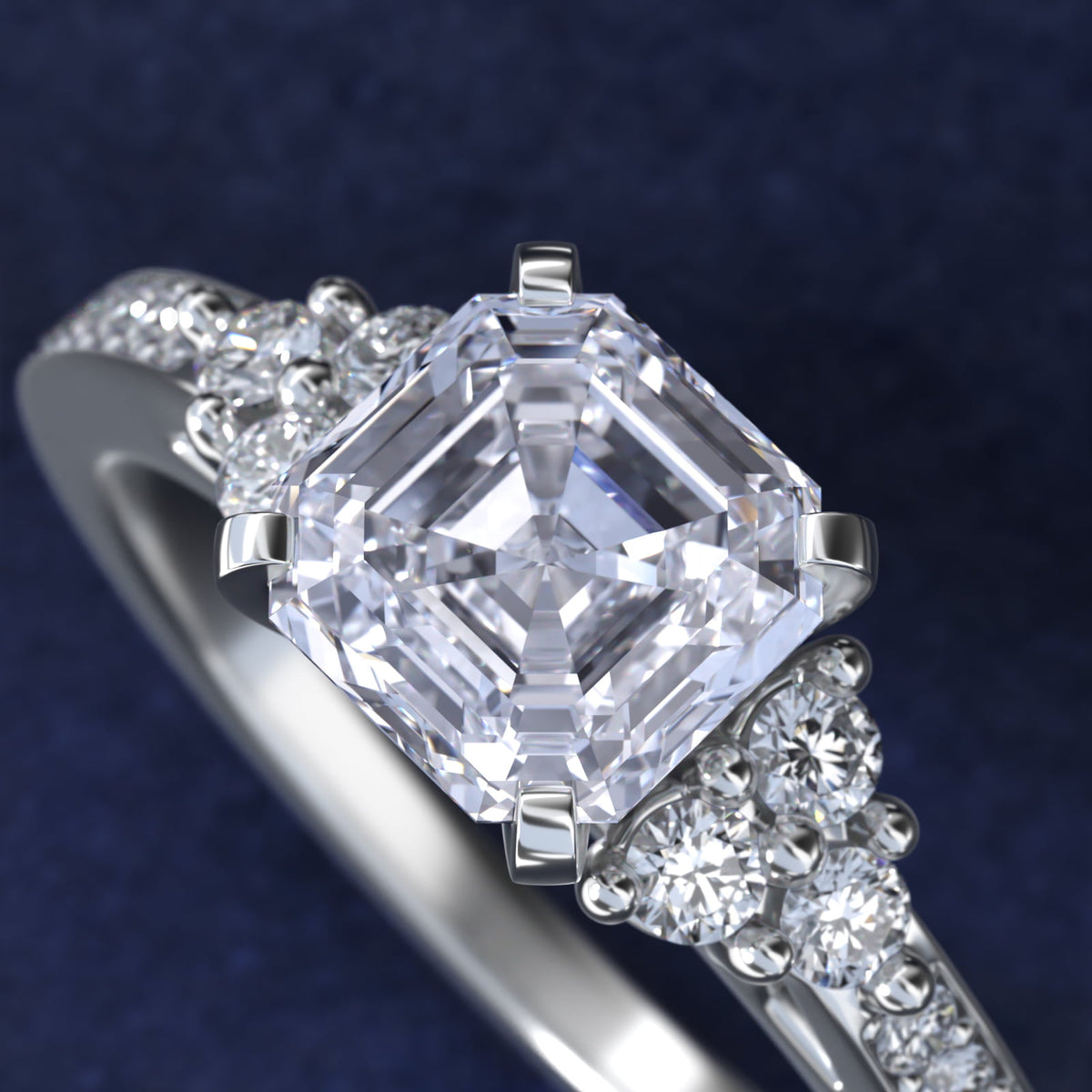 Sterling Silver Asscher Cut Moissanite Engagement Ring Pavé Trio Side Stone (2.0 ct., 1/4 ct. tw.)