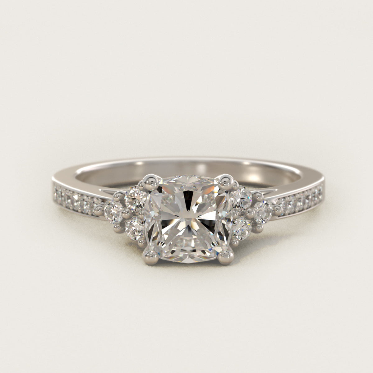 Sterling Silver Cushion Cut Moissanite Engagement Ring Pavé Trio Side Stone (2.0 ct., 1/4 ct. tw.) Main image