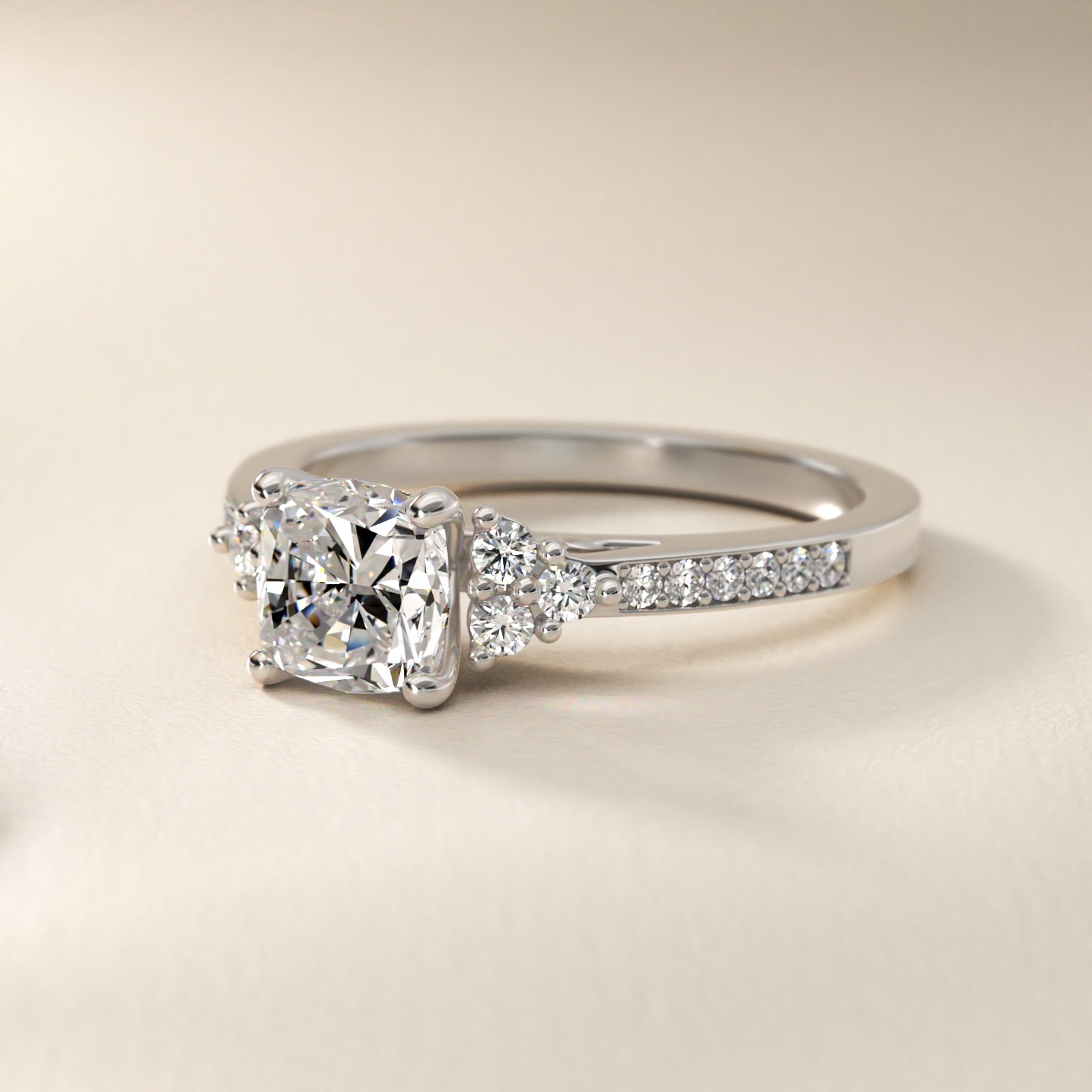 Sterling Silver Cushion Cut Moissanite Engagement Ring Pavé Trio Side Stone (2.0 ct., 1/4 ct. tw.) Secondary image