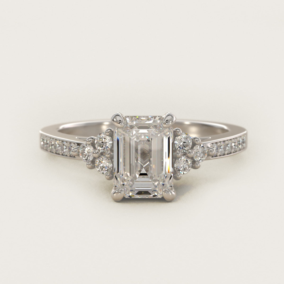 Sterling Silver Emerald Cut Moissanite Engagement Ring Pavé Trio Side Stone (2.0 ct., 1/4 ct. tw.) Main image