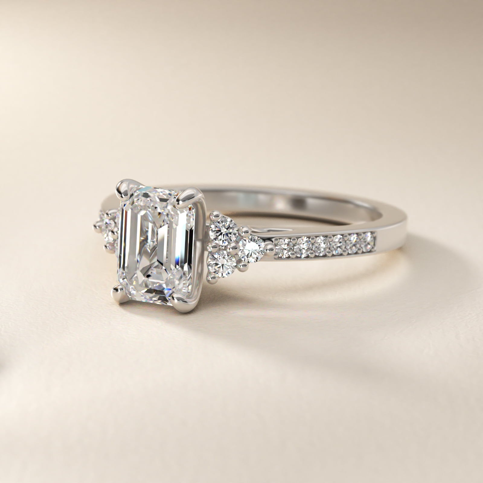 Sterling Silver Emerald Cut Moissanite Engagement Ring Pavé Trio Side Stone (2.0 ct., 1/4 ct. tw.) Secondary image