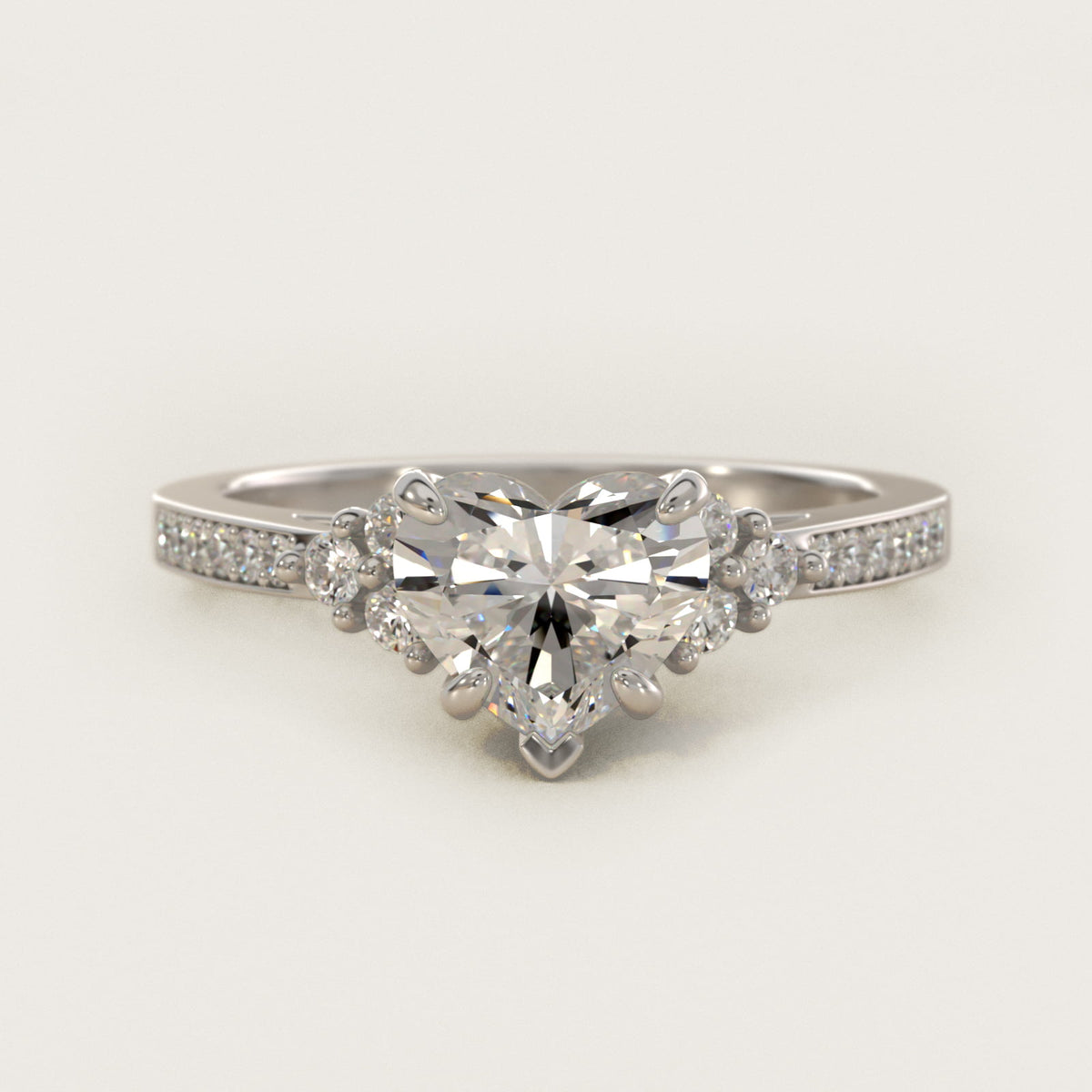 Sterling Silver Heart Cut Moissanite Engagement Ring Pavé Trio Side Stone (2.0 ct., 1/4 ct. tw.) Main image