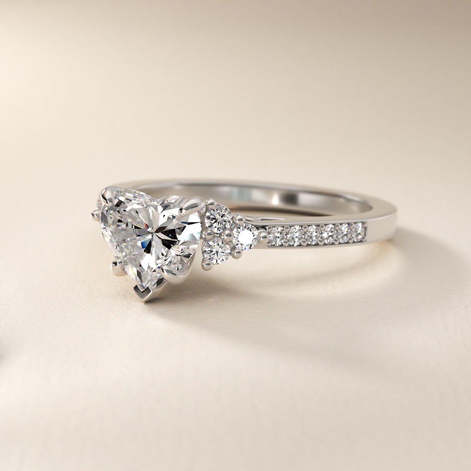 Sterling Silver Heart Cut Moissanite Engagement Ring Pavé Trio Side Stone (2.0 ct., 1/4 ct. tw.) Secondary image
