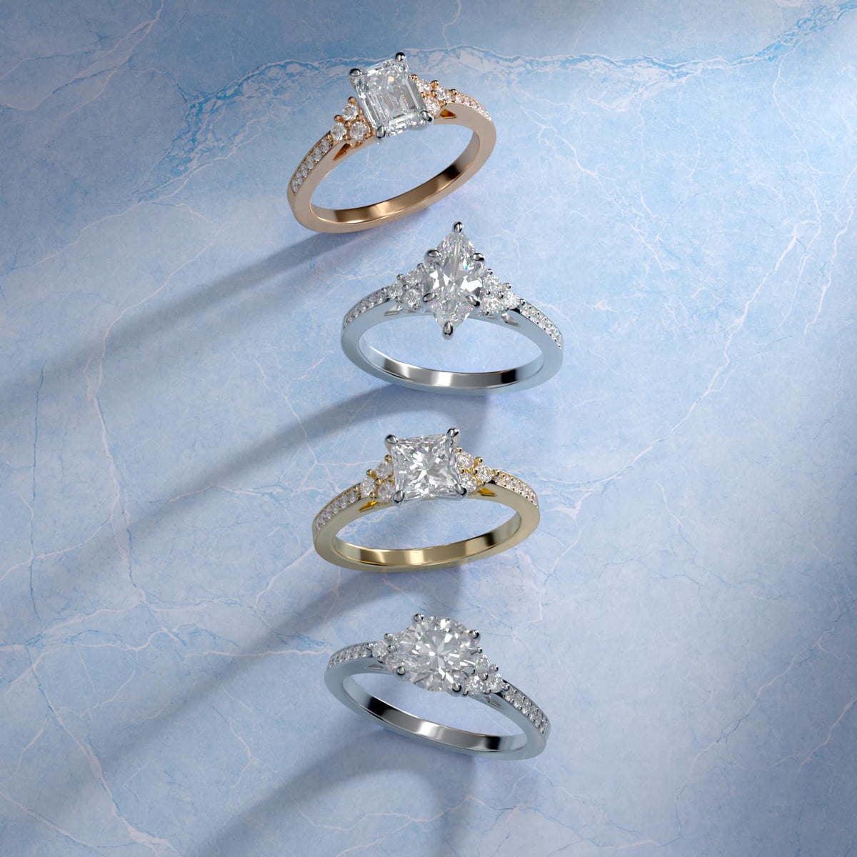 Sterling Silver Heart Cut Moissanite Engagement Ring Pavé Trio Side Stone (2.0 ct., 1/4 ct. tw.)