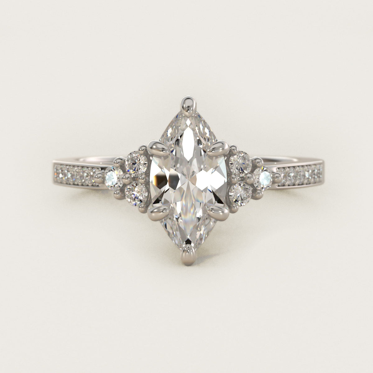 Sterling Silver Marquise Cut Moissanite Engagement Ring Pavé Trio Side Stone (2.0 ct., 1/4 ct. tw.)