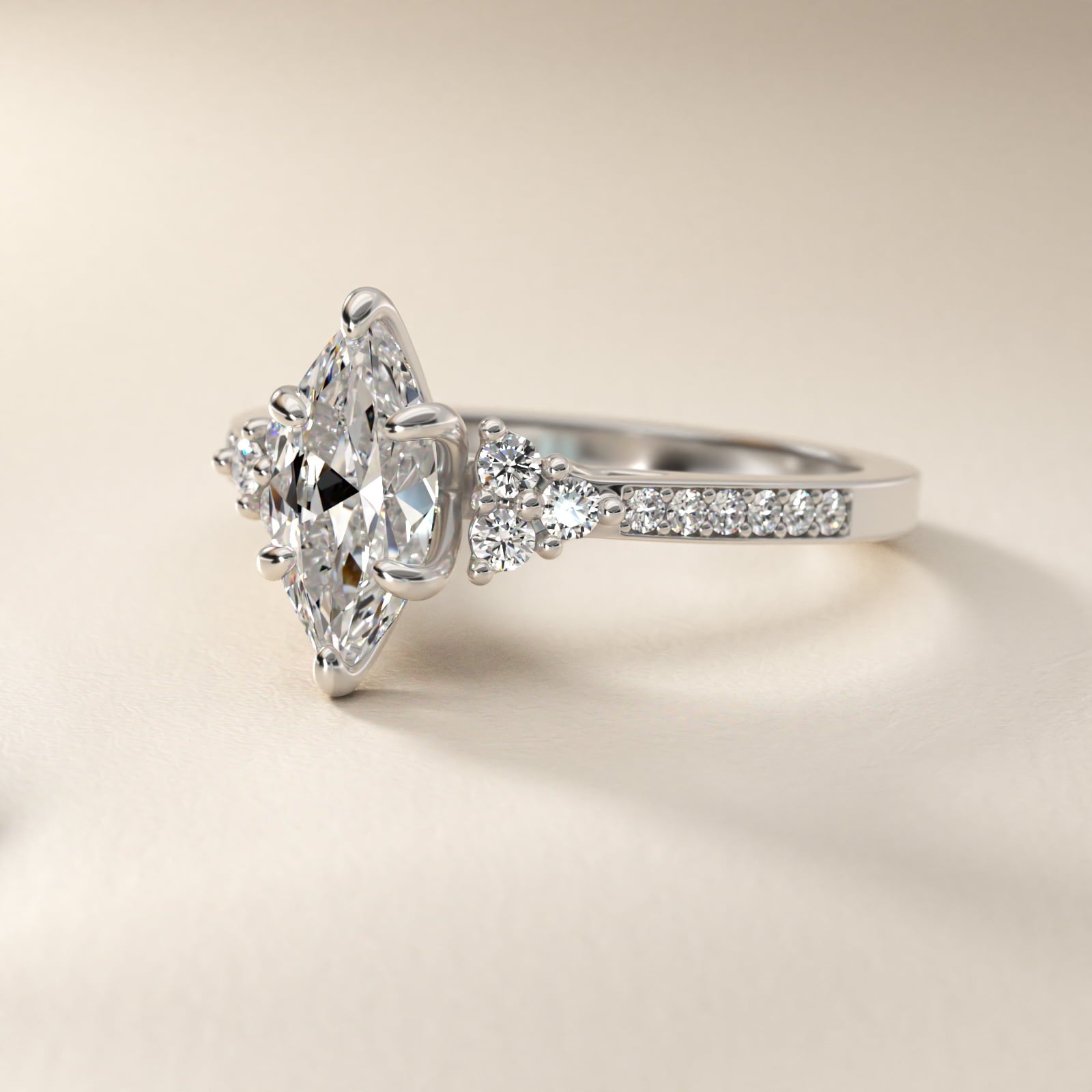 Sterling Silver Marquise Cut Moissanite Engagement Ring Pavé Trio Side Stone (2.0 ct., 1/4 ct. tw.) Secondary image