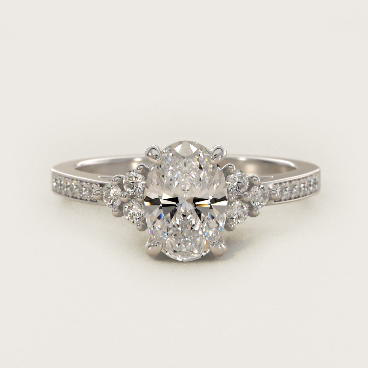 Sterling Silver Oval Cut Moissanite Engagement Ring Pavé Trio Side Stone (2.0 ct., 1/4 ct. tw.) Main image