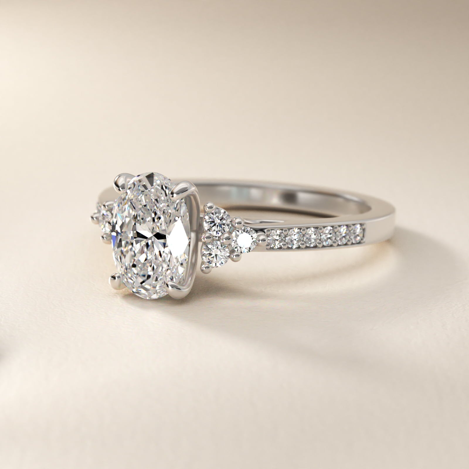 Sterling Silver Oval Cut Moissanite Engagement Ring Pavé Trio Side Stone (2.0 ct., 1/4 ct. tw.) Secondary image