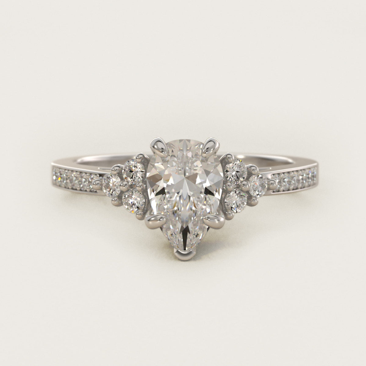 Sterling Silver Pear Cut Moissanite Engagement Ring Pavé Trio Side Stone (2.0 ct., 1/4 ct. tw.) Main image