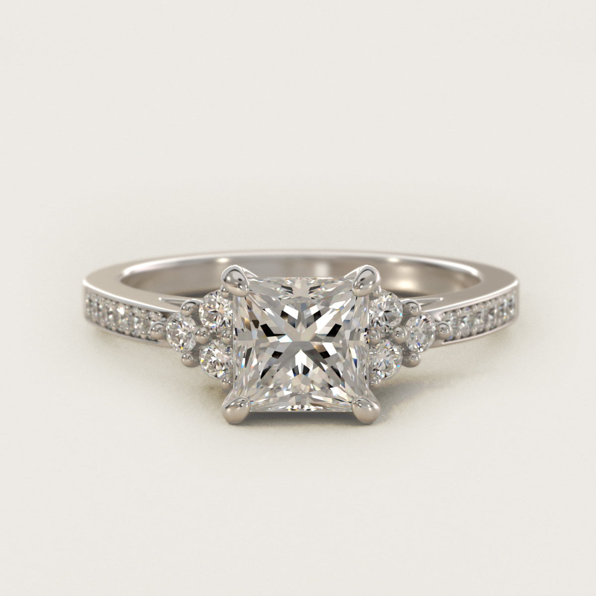 Sterling Silver Princess Cut Moissanite Engagement Ring Pavé Trio Side Stone (2.0 ct., 1/4 ct. tw.) Main image