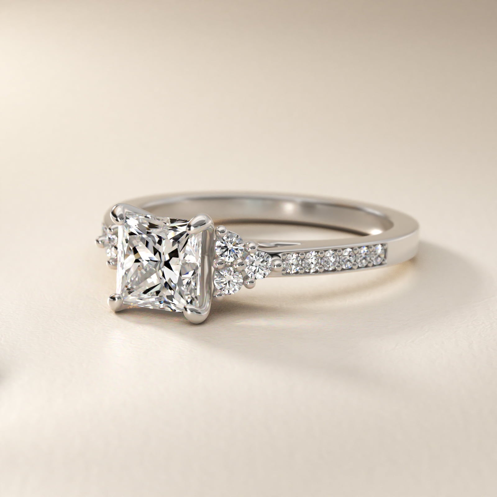 Sterling Silver Princess Cut Moissanite Engagement Ring Pavé Trio Side Stone (2.0 ct., 1/4 ct. tw.) Secondary image