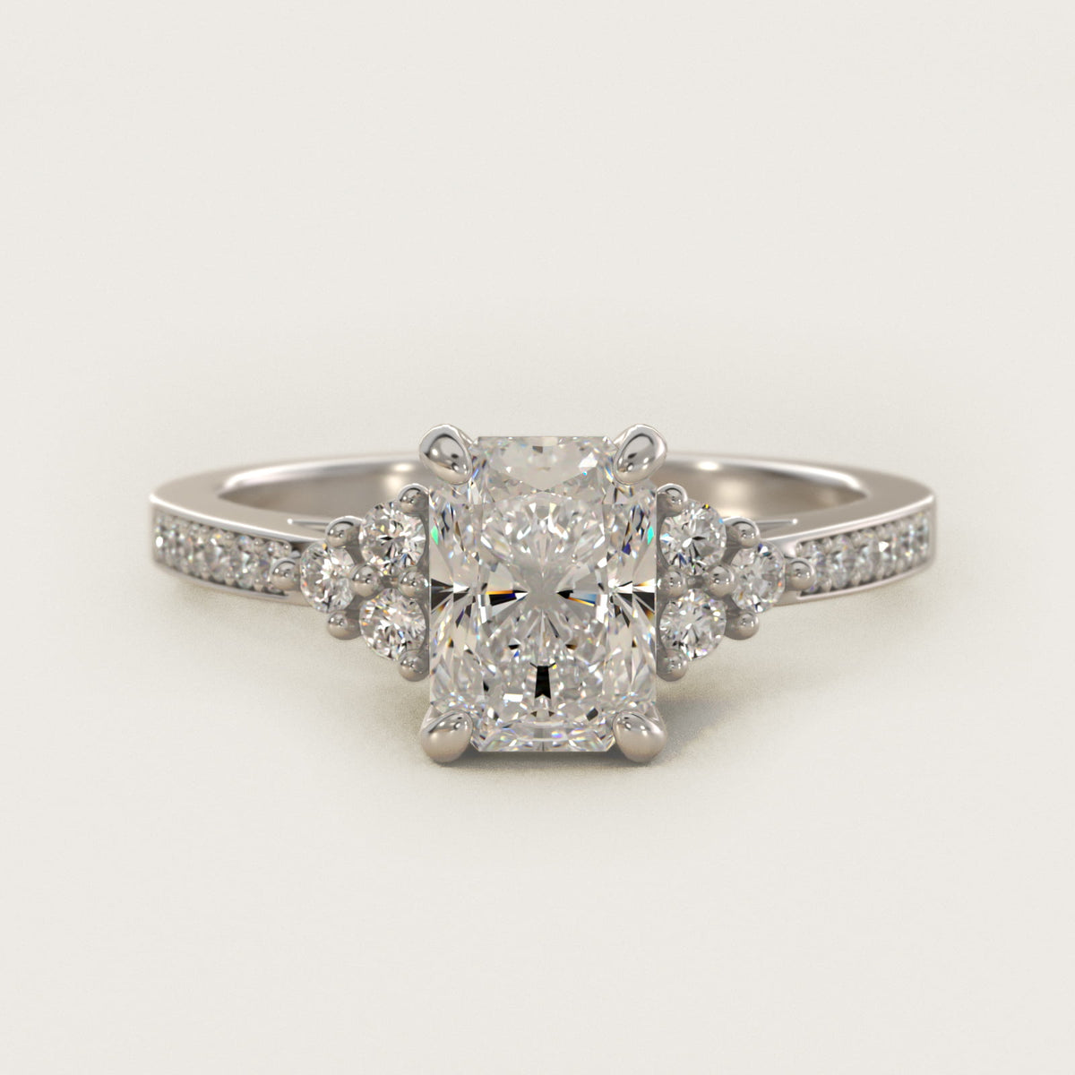 Sterling Silver Radiant Cut Moissanite Engagement Ring Pavé Trio Side Stone (2.0 ct., 1/4 ct. tw.) Main image