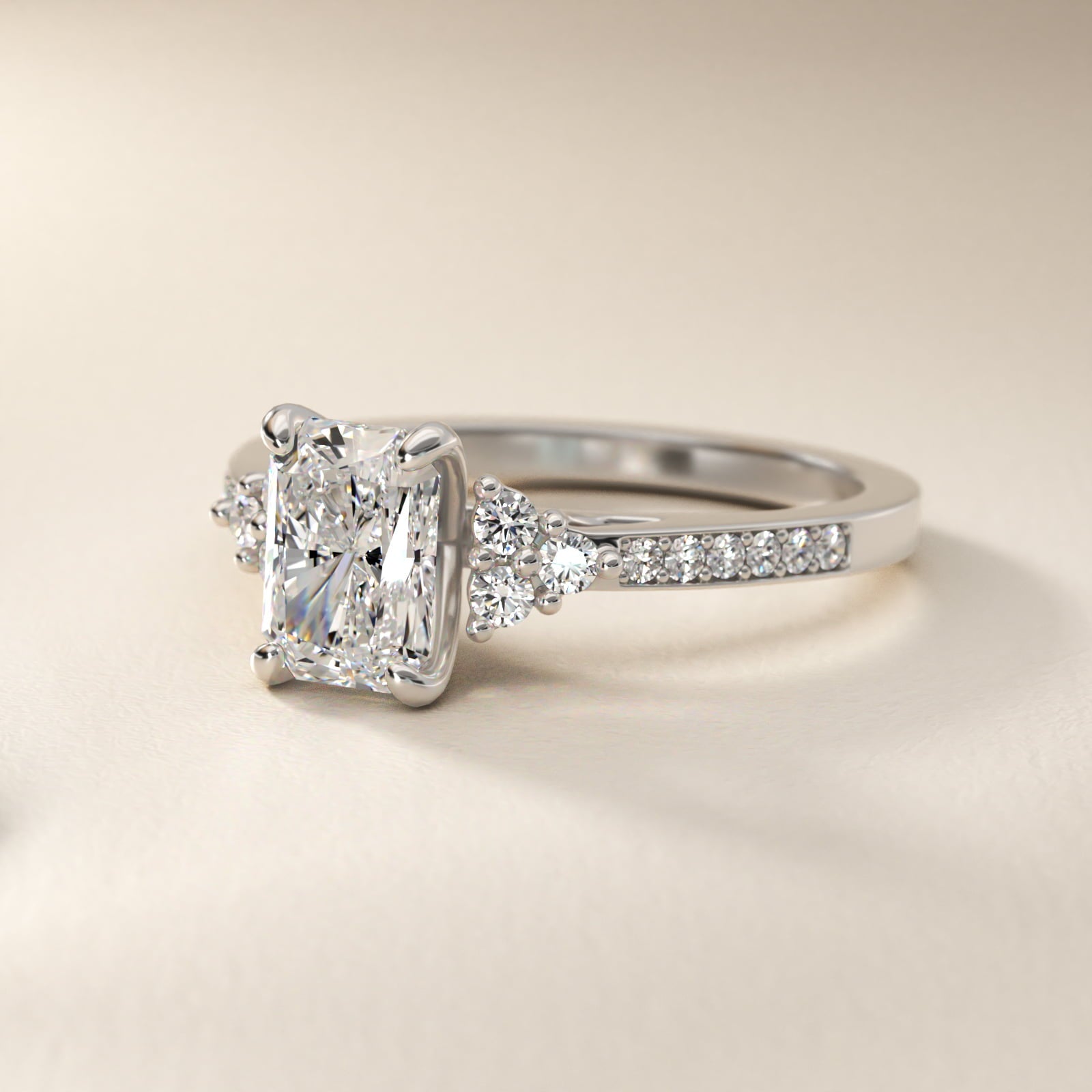 Sterling Silver Radiant Cut Moissanite Engagement Ring Pavé Trio Side Stone (2.0 ct., 1/4 ct. tw.) Secondary image