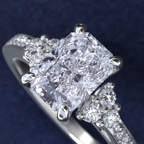Sterling Silver Radiant Cut Moissanite Engagement Ring Pavé Trio Side Stone (2.0 ct., 1/4 ct. tw.)